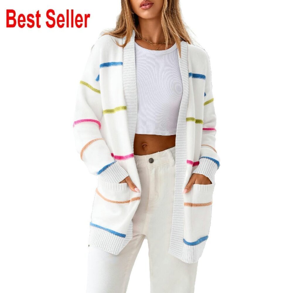 Lightweight Striped Cardigan Open Front Loose Fit Knit Sweater Chic Casual